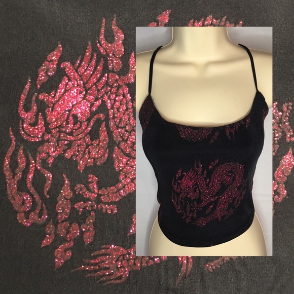 Lace up black and pink dragon sparkles crop top Size S/M - Picture 4 of 10